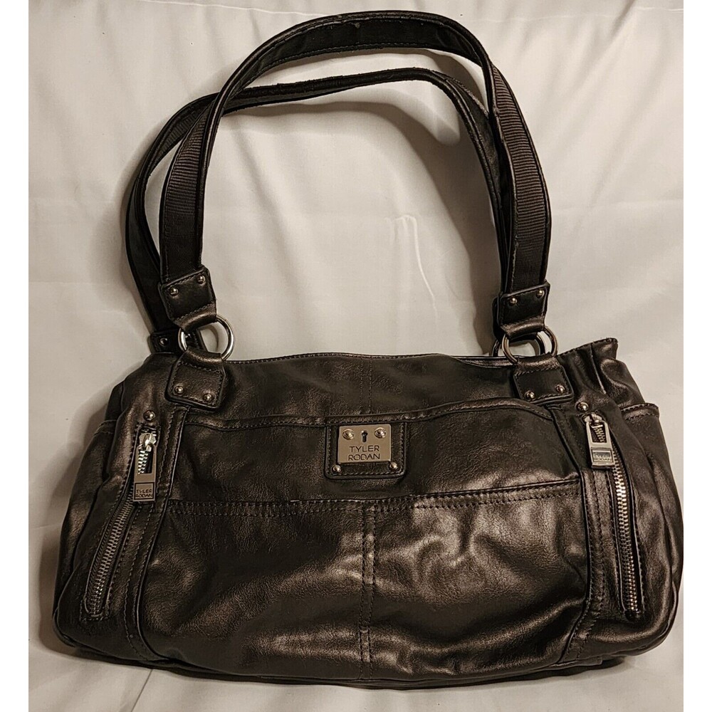 Perfect TYLER RODAN Dark Grey Faux Leather Signature Lined HANDBAG Purse